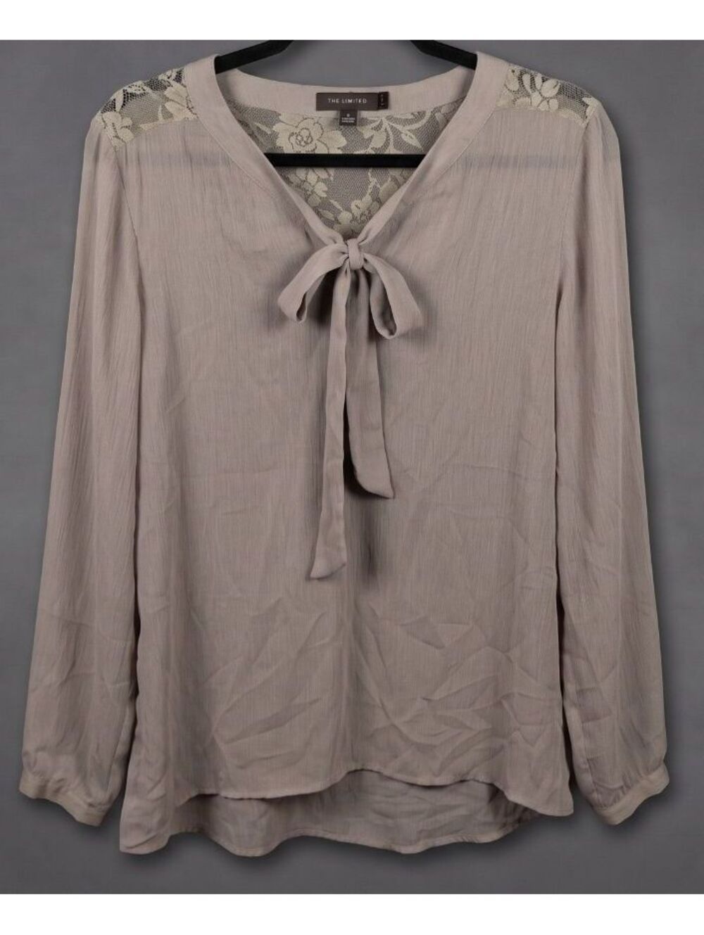 The Limited Taupe Sheer Chiffon Blouse Lace Yoke Tie Neck Long Sleeve Size XL